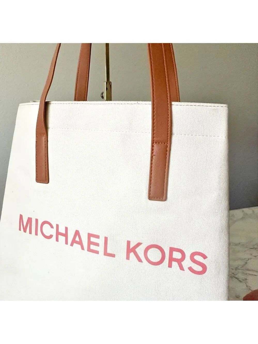 MICHAEL Michael Kors White Canvas Shoppers Tote with Brown Straps
